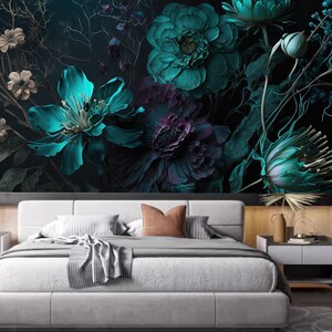 Mural de papel pintado de peonías florales oscuras: decoración de pared verde y negra