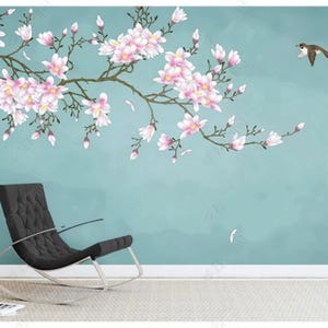 Chinoiserie Hanging Magnolia Tree Wallpaper, Flying Birds and Magnolia Flowers Home Decor Wall Murals Wall Decor for Living or Dinning Room
