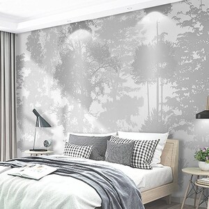 Carta da parati murale per la casa, verde grigio, alberi, foresta, 4 colori, retrò, shabby, foresta