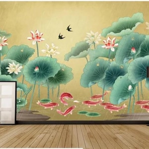 Chinoiserie Lotus Wallpaper, Flying Fish Home Decor Wall Murals for Living or Dinning Room