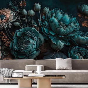 Dark Background Teal Peony Flowers Floral Wallpaper Wall Mural Home Decor