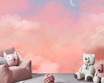 Watermelon/ Pink Clouds and Moon Kids' Children's Baby Girls' Room Nursery Wallpaper Wall Mural Home Decor