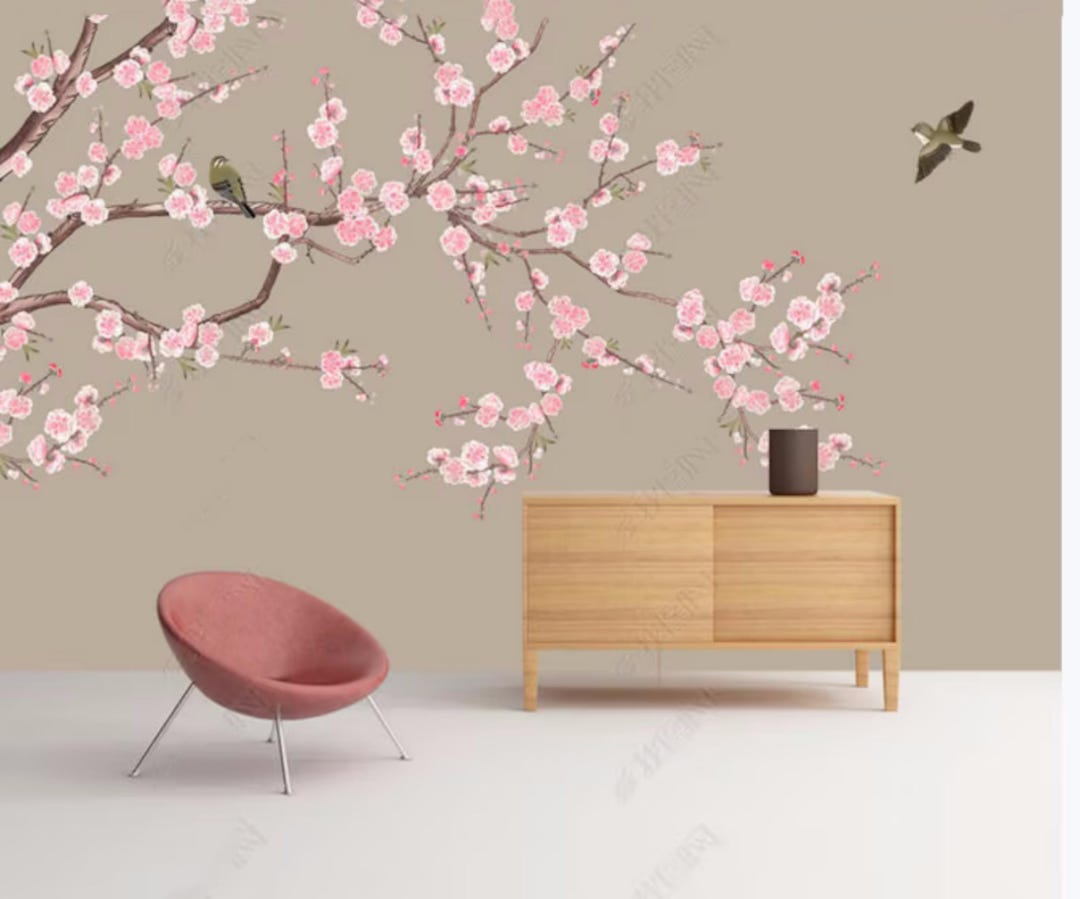 Chinoiserie Cherry Blossom Wallpaper: Bird & Pink Flowers Wall Mural - Etsy