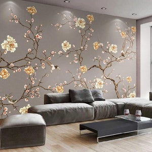 Chinoiserie Vine Peony Flower Wallpaper, Hand Painted Flying Birds Peony Flower Home Decor Wall Murals for Living or Dinning Room