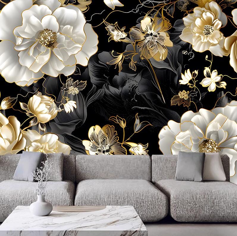 3D Dark Background White Flowers Floral Wallpaper Wall Mural Home