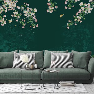 Chinoiserie Brushwork Blue Background Hanging Flowers and Birds Wallpaper Home Decor Wall Mural for Living Room Bedroom Dinning Room