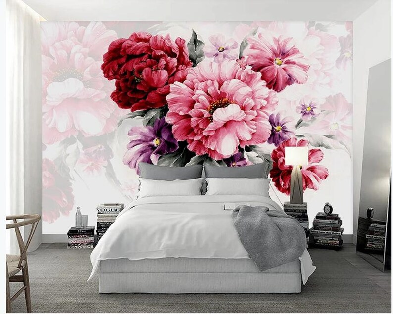 Watercolor Pink Peony Floral Wallpaper Mural: Handpainted Flower Wall ...