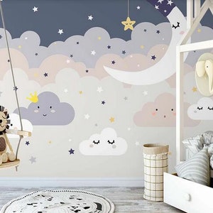 Cartoon Colorful Clouds Nursery Wallpaper, Lovely Stars and Moon Baby Girls' Room or Kids' Room Wall Murals