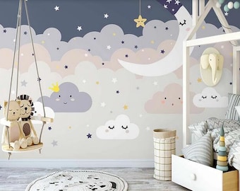 Cartoon Colorful Clouds Nursery Wallpaper, Lovely Stars and Moon Baby Girls' Room or Kids' Room Wall Murals