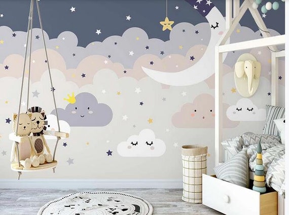 Cartoon Colorful Clouds Nursery Wallpaper Lovely Stars and - Etsy Cartoon Colorful Clouds Nursery Wallpaper Lovely Stars and - Etsy