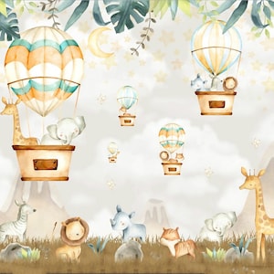 Cartoon Colorful Hot-air Balloon Nursery Wallpaper, Lovely Bear and Dear Animals Baby's Room or Kids' Room Wall Murals