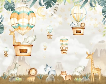 Cartoon Colorful Hot-air Balloon Nursery Wallpaper, Lovely Bear and Dear Animals Baby's Room or Kids' Room Wall Murals