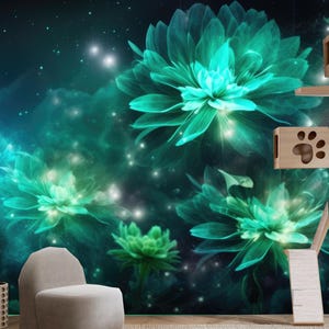 Carta da parati floreale con fiori verdi, decorazione murale per la casa