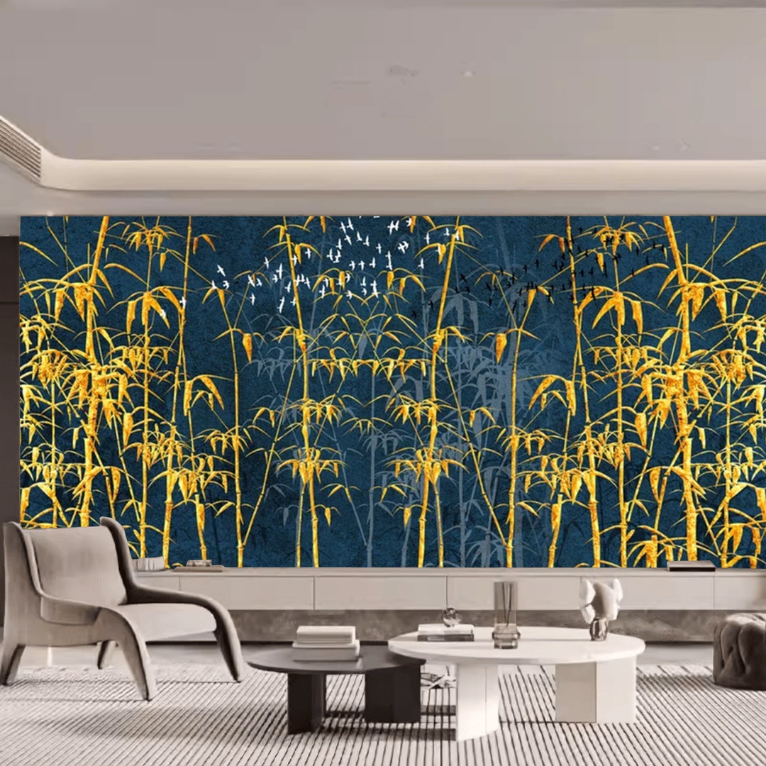 Chinoiserie Blue Background Gold Bamboo Wallpaper Wall Mural Home Decor ...