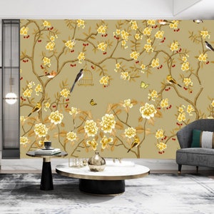 Chinoiserie Yellow Background Vine Peony Flowers and Birds Wallpaper Wall Mural Home Decor for Living Room Bedroom or Dinning Room