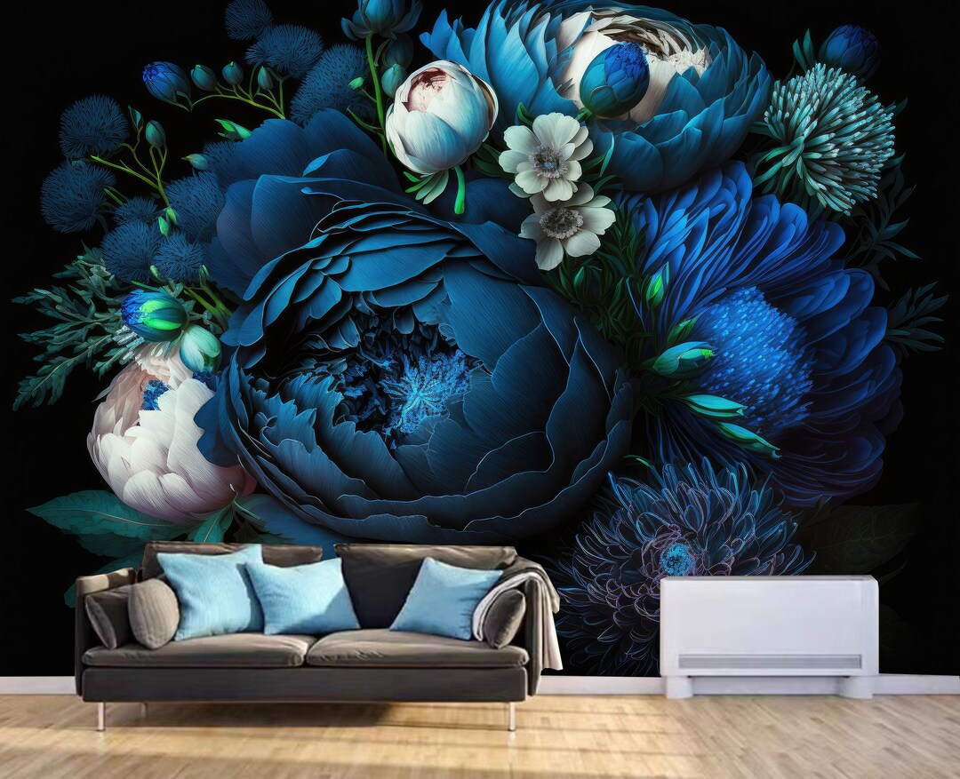 Dark Backgrond Royal Blue Peony Flowers Floral Wallpaper Wall Mural ...