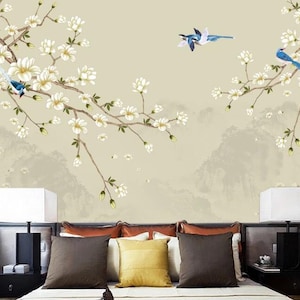 Chinoiserie Magnolia Wallpaper Mural: Flying Birds & Flowers