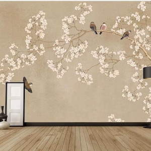 Chinoiserie Magnolia Tree Wallpaper: Blue Bird Wall Mural