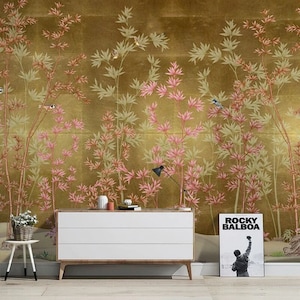 Papel de parede Chinoiserie: Videira de bambu dourada, mural de pássaros voando