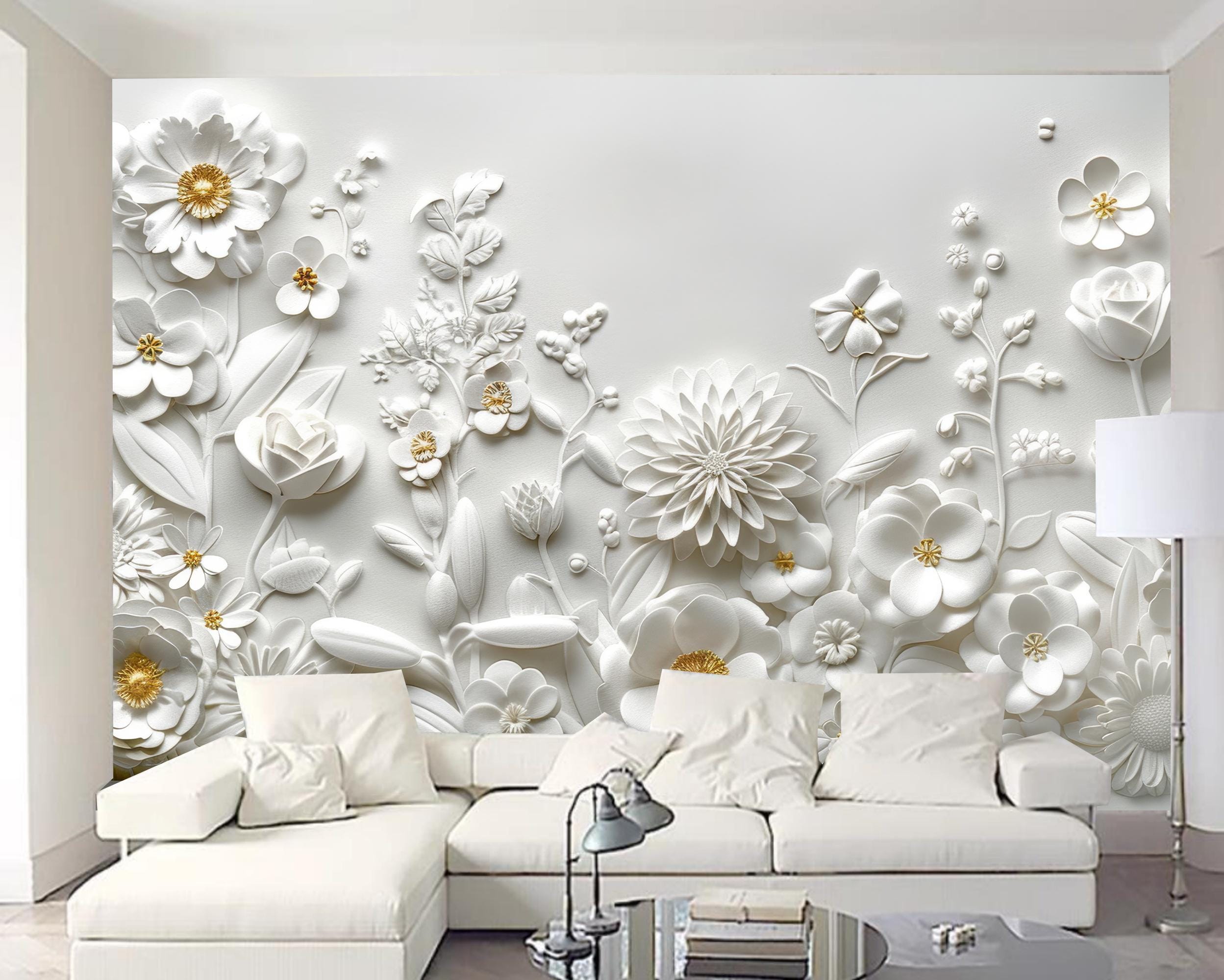Carta da parati murale con fiori bianchi 3D, stucco floreale, decorazione per la casa - Italia