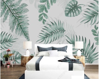 Watercolor Tropical Rain Forest Fresh Banana Leaves Wall Mural, Hand Painted Tropical Leaves Wall Murals Wall Decor