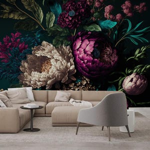 Dark Background Peony Flowers Floral Wallpaper Wall Mural Home Decor