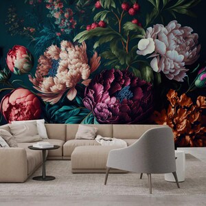 Donkere achtergrond pioenroos bloemen bloemenbehang muurschildering woondecoratie