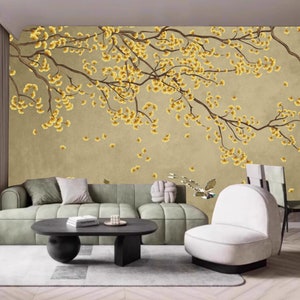 Chinoiserie Ginkgo Leaves and Birds Wallpaper Mural