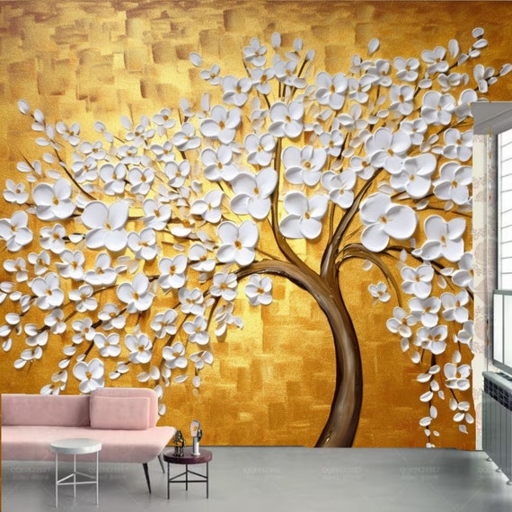 White Flower Tree Wallpaper Mural: Textured Gold Wall Decor - Etsy