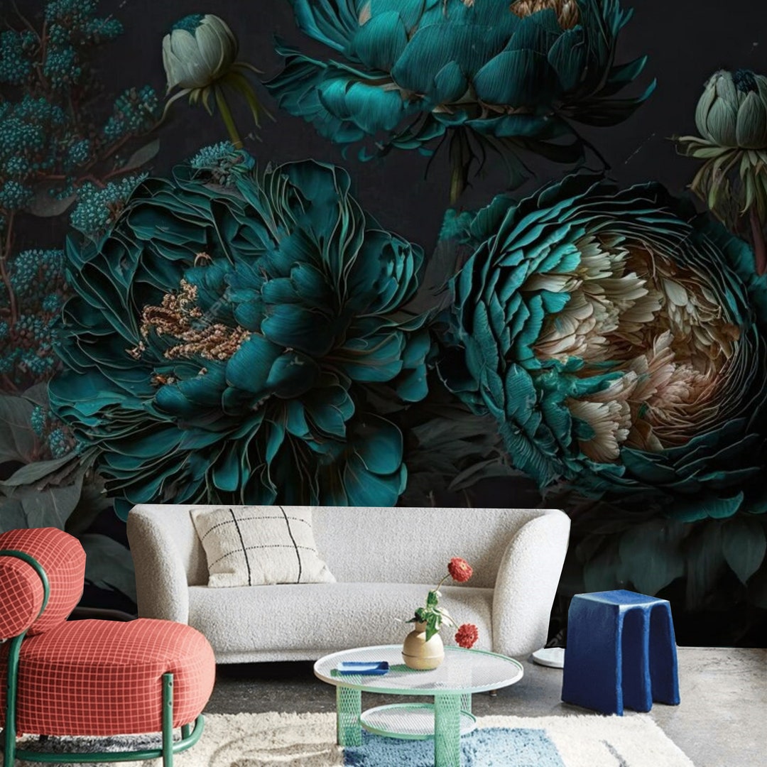 Dark Floral Wallpaper Mural: Blue Peony Wall Decor - Etsy