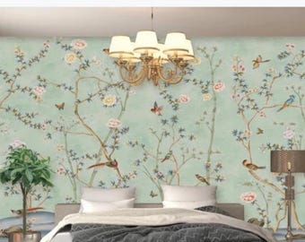 Chinoiserie Wallpaper Mural: Birds, Peony Flowers, Vine
