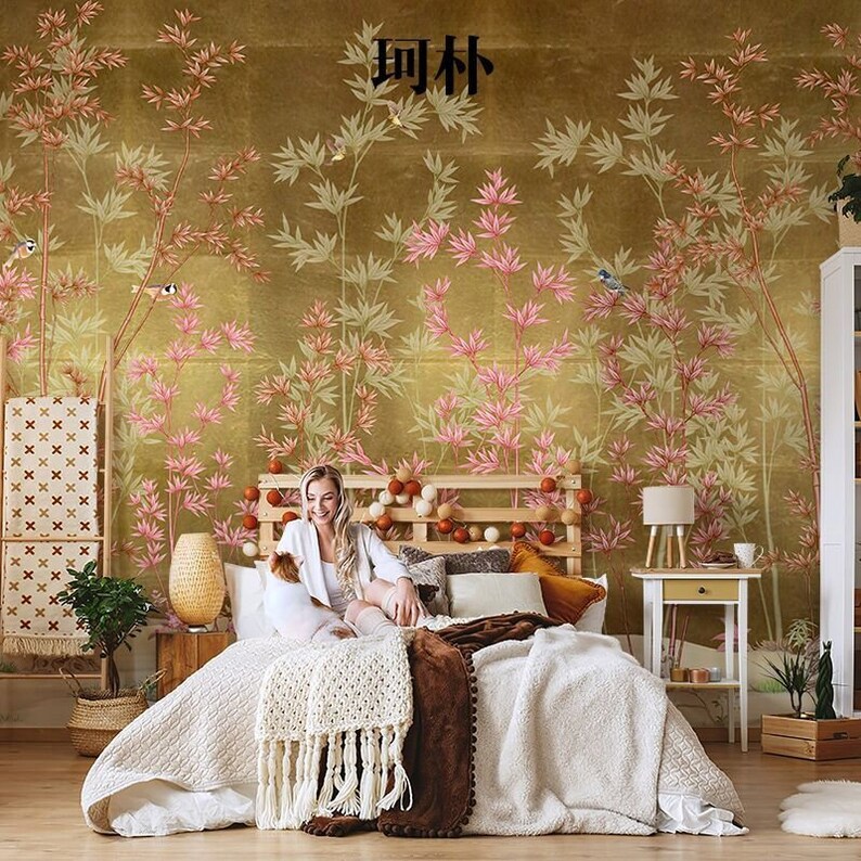 Chinoiserie Gold Background Vine Wallpaper Bamboo With Flying Etsy