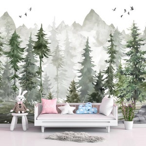 Pine Forest Mountain Mural: Kids' Room Wallpaper