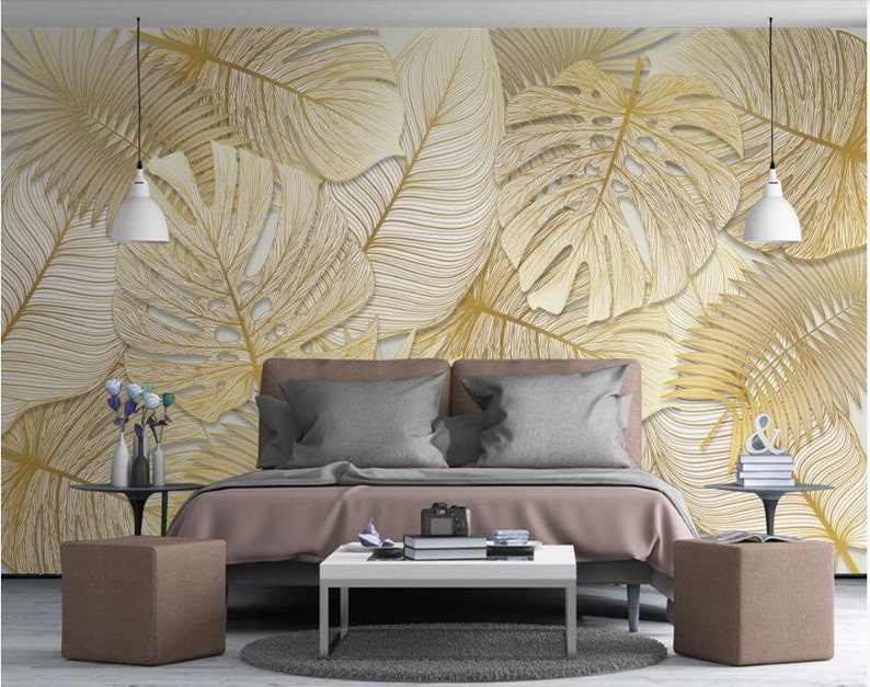 Tropical Rain Forest Gold Leaves Wall Mural Hand Painted Etsy