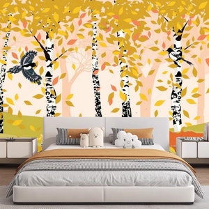 Cartoon Birch Tree Forest Wallpaper Mural: Kids Nursery Decor