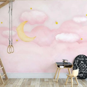 Cartoon Pink Clouds with Moon Kids&#39; Children&#39;s Nursery Wallpaper Wall Mural Home Decor