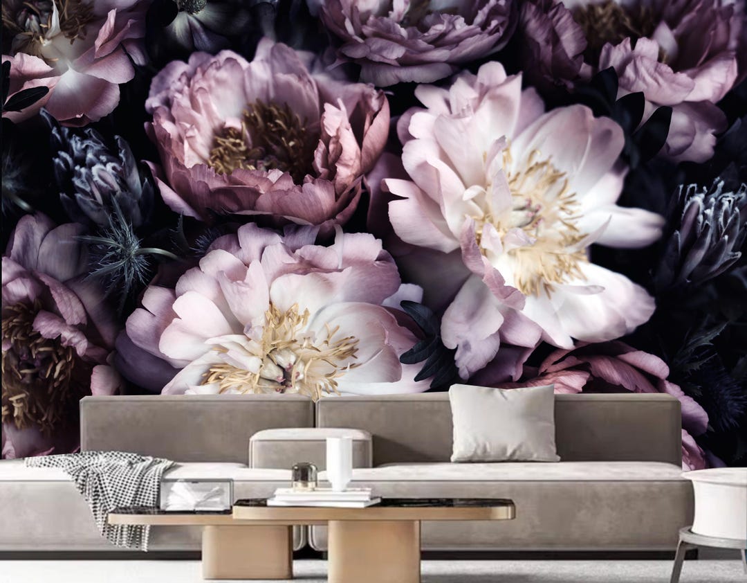 Dark Floral Peony Wallpaper Mural: Home Decor - Etsy