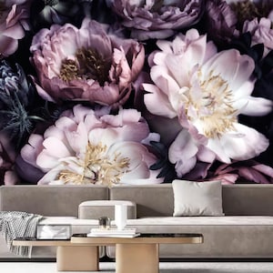 Mural de papel pintado de peonías florales oscuras: Decoración del hogar