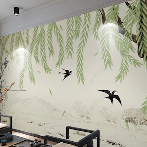 Hanging Willow Tree with Swallow Wallpaper Wall Murals Home Decor