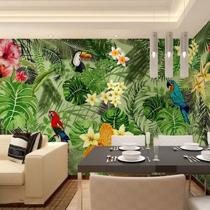 Tropical Jungle Wallpaper Mural: Parrot, Toucan, Floral Wall Decor