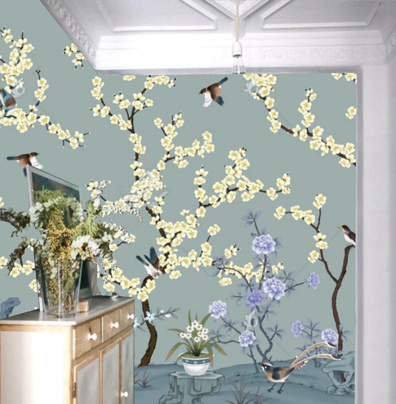 Chinoiserie Cherry Blossom Bird Wallpaper Mural - Etsy