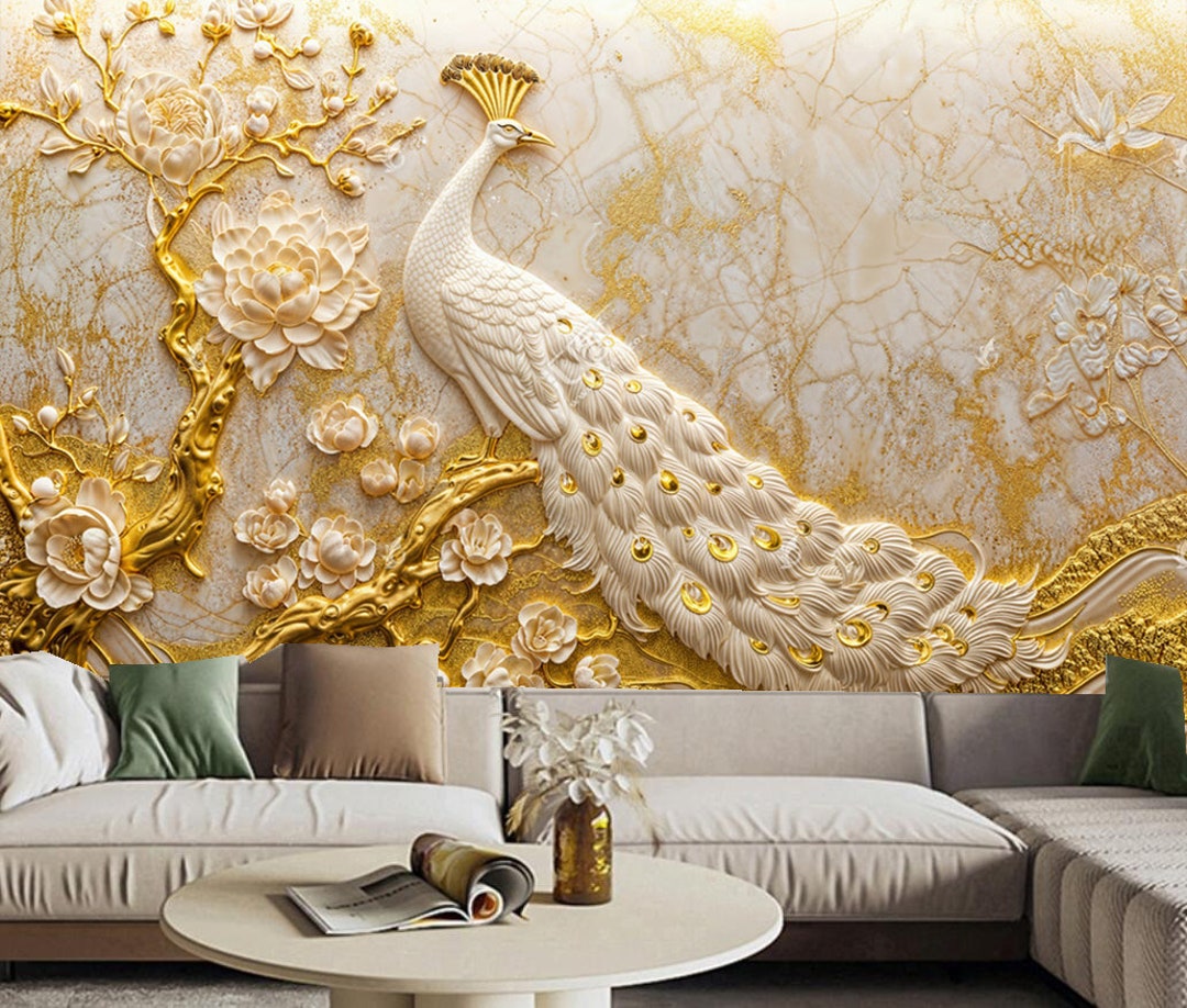 Golden Peacock Floral 3D Wallpaper Mural