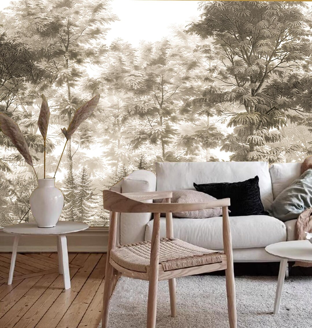 Tropical Forest Wallpaper Mural: Grey Pine Tree Wall Decor - Etsy