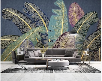 Tropical Rain Forest Banana Leaves Gold Lines Wall Mural, Hand Painted Tropical Leaves Wall Murals Wall Decor