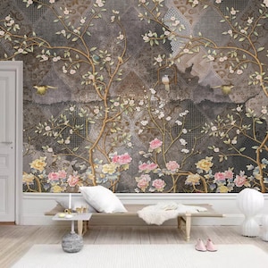 Papier peint chinois pivoine vigne : décor d&#39;oiseau marron vintage