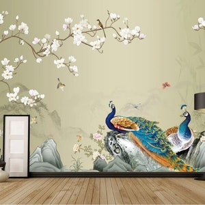 Chinoiserie Peacock Magnolia Wallpaper Mural: Handpainted Rockery Flowers