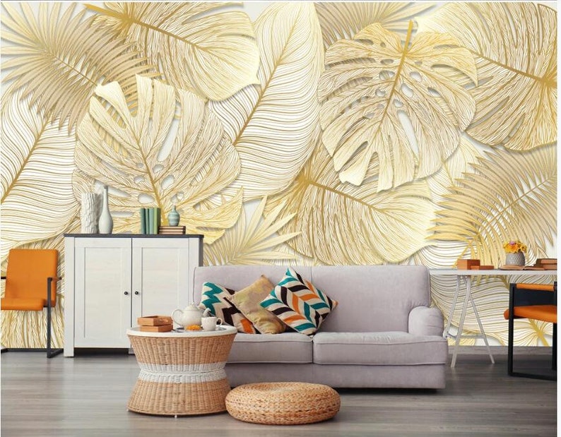 Tropical Rain Forest Gold Leaves Wall Mural Hand Painted - Etsy