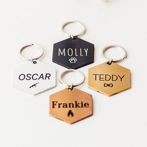Hexagon Personalized Dog and Cat Name Tag | Custom Cat id Tag | Cute Pet Tag | Pet Gifts | Dog Collar Tag | Black | Silver