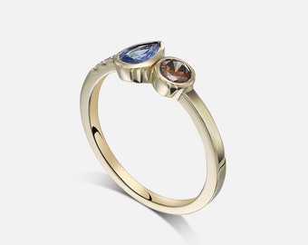 Unique Sapphire Engagement Ring Gold Cluster Ring with Blue Sapphire and Diamonds