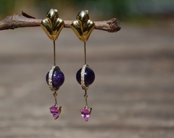 Amethyst and Sapphire Dangle Earrings with 18K Gold Lotus and Diamonds